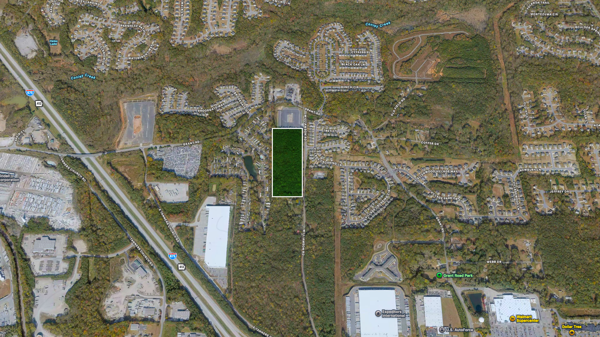 Aerial map showing the boundaries of 4045 Williamson Road, an 11.9-acre residential site in Ellenwood, Georgia near I-675